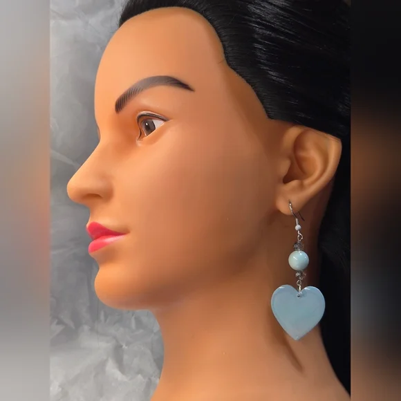 #B192- Handmade Heart-Shaped Earrings in Light Blue With Quartz Beads - Picture 5 of 5